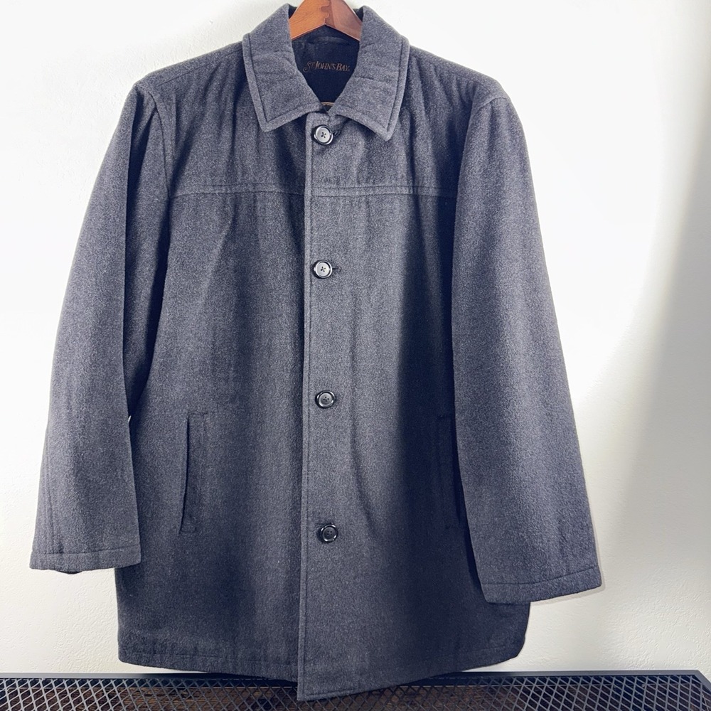 St Johns Bay Men's‎ Grey Peacoat Wool Polyester Size XL Button Up Collar Winter